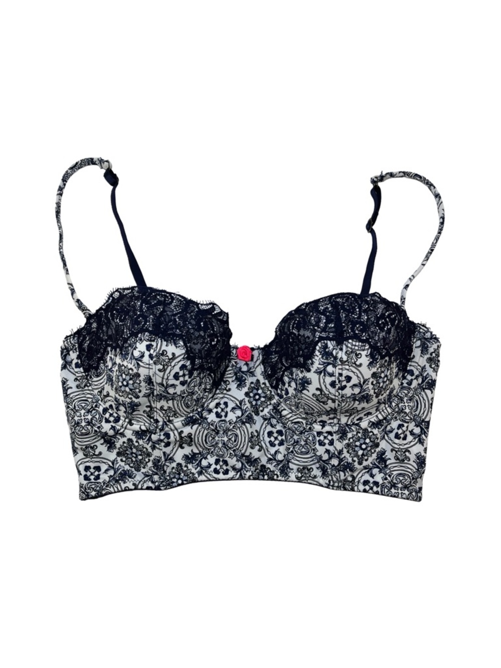 E by Eloise Anthropologie Longline Bra Navy Blue White Lace Floral, size 34C